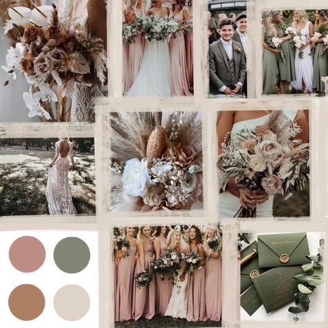 Sage Green And Blush Boho Wedding, Rustic Boho Wedding Colors, Boho Wedding Color Schemes Fall, Mood Boards Wedding Colour Palettes, Earthy Pink Wedding, Sage Green And Blush Pink Wedding Colour Palettes, Boho Wedding Pallete Color, Rustic Colour Palette Wedding, Bohemian Wedding Mood Board