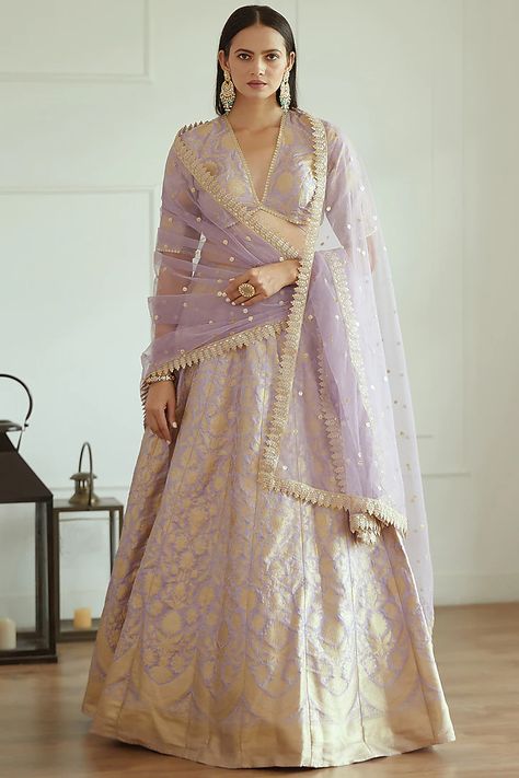 Lavender Banarasi Silk Lehenga Set Design by Studio Iris at Pernia's Pop Up Shop 2022 Studio Iris, Vacuum Storage, Indian Wedding Wear, Dupion Silk, Silk Lehenga, Net Dupatta, Brown Girl, Designer Gowns, Embroidered Silk