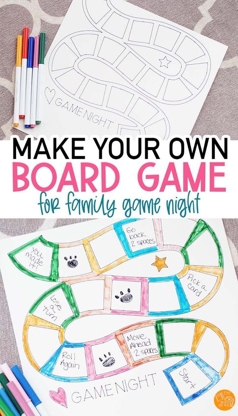 Make a DIY board game for your next family game night! Includes a Cricut Design Space template. This is a fun family game night activity for all ages, and makes a perfect homeschool project too. Make a board game for kids and adults to enjoy together. Making A Board Game Project, How To Design A Board Game, How To Make Your Own Board Game, Printable Board Games Template, Fun Diy Games For Kids, Board Game Project Ideas, Board Game Design Templates, Board Game Ideas For School Project, Board Games Design