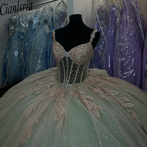 Mint Green Illusion Crystal Beading Ball Gown Quinceanera Dresses Spaghetti Strap Bow Vestidos De 15 Anos - AliExpress 320 Tiana Ball Gown, Green Sweet 16 Dresses, Ball Gown Quinceanera Dresses, Sea Sickness, Sweet 16 Dresses, Quinceanera Dresses, Quince, Quinceanera, Ball Gown