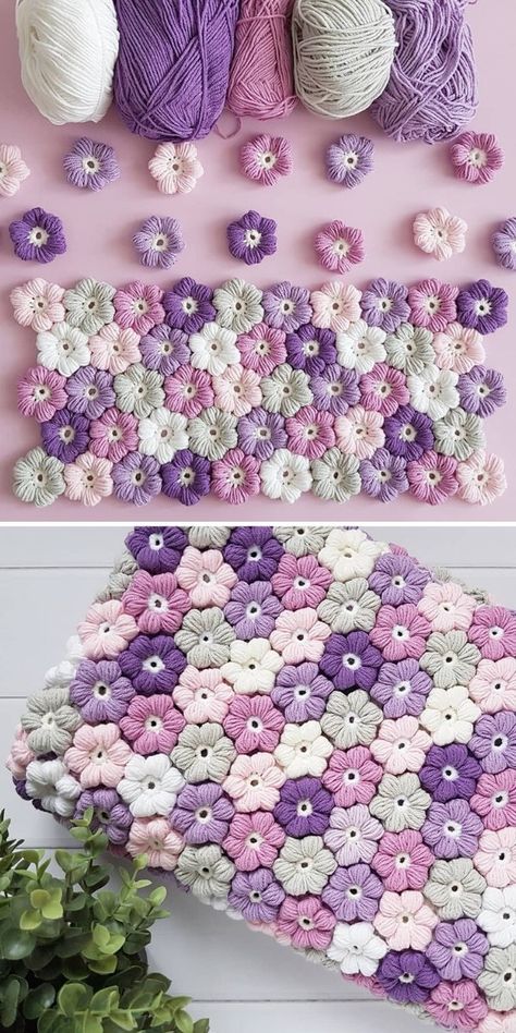 Puff Flower Crochet - бесплатные шаблоны и идеи | Crochetpedia Puff Flower, Crochet Flower Blanket, Crochet Puff Flower, Crocheted Flowers, Crochet Blanket Designs, Mode Crochet, Booties Crochet, Crochet Design Pattern, Crochet Clutch