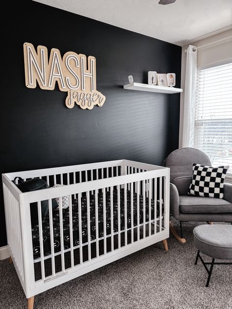 Neutral Black Nursery, Nursery With Black Accent Wall, Grey And Black Nursery Ideas, Black Nursery Wall, Boy Nursery Aesthetic, Dark Nursery Ideas Boys, Nursery Themes Boy, Modern Baby Boy Nursery, Dark Nursery