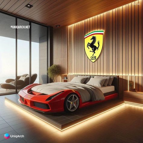 Ferrari Inspired Bed Boys Car Bedroom, Game Closet, Royal Bedroom Design, Boys Bed, Amazing Bedroom Designs, Bed With Led Lights, Unique Furniture Design, Car Bedroom, Bedroom Trends