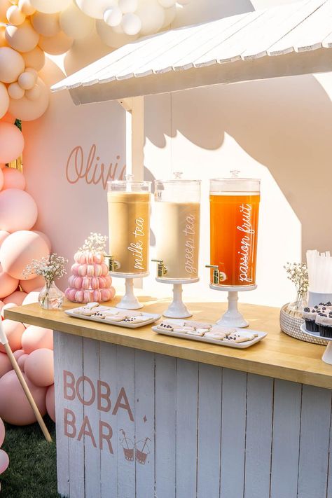 boba bar, boba drink dispensers, clear drink dispensers, boba party theme, boba drinks for birthday party, boba drink display, milk tea first birthday party, homemade milk teas for party, boba bar display Spring Event Ideas, Boba Party, Boba Bar, Party Rental Ideas, Party Rentals Business, Cake Balloons, Drink Display, Tea Party Theme, Tea Bar