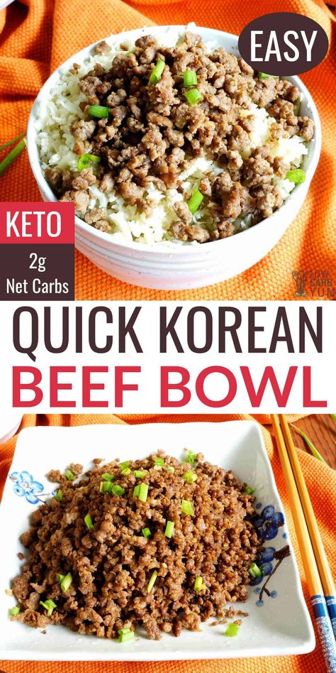 A quick and easy keto Korean ground beef recipe with sweet and spicy seasonings. It's a dish that can be cooked and served within 15 minutes. Keto Korean Beef Bowl, Keto Korean Beef, Keto Bowls, Keto Korean, Beef Bowl Recipe, Paleo Beef Recipes, Korean Ground Beef, Korean Beef Bowl, Beef Bowl