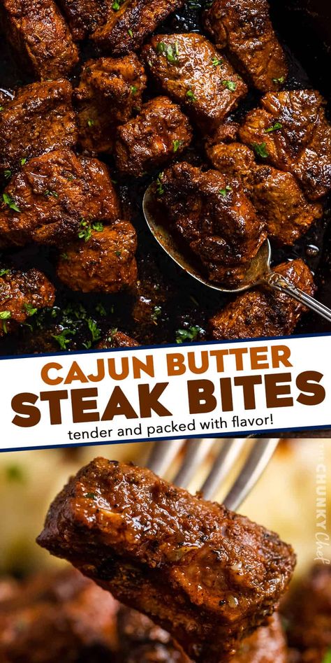 Cajun Garlic Butter Steak Bites - The Chunky Chef Quick Easy Grill Meals, Steak Bites Marinade Recipes, Steak Bite Marinades, Steak Skillet Recipes, New Recipes To Try Most Popular, Recipes To Impress Boyfriend, Steak Bites Marinade, Spicy Steak Marinade, Dinners For Couples