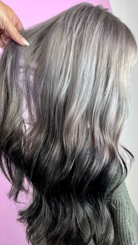 21 Reverse Ombre Hair Color Ideas for a Gorgeous New Look Gray And Black Ombre Hair, Silver To Black Ombre Hair Reverse, Reverse Ombre Grey Hair, Reverse Balayage Gray Hair, Grey Hair Ombre Balayage, Silver Hair With Black Tips, Gray To Black Ombre Hair, White Roots Dark Ends, Black And White Ombre Hair