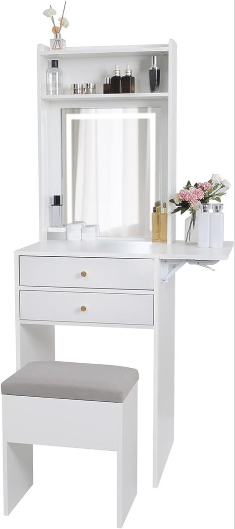 ARTETHYS Small Vanity Desk Set with 3 Adjustable Lighted Mirror and Storage Chair, Makeup Vanity Table for Small Space, White Dressing Table with Fold-up Panel for Bedroom Small Vanity Desk, Black Vanity Table, Small Vanity Table, White Dressing Table, Small Makeup Vanities, Small Dressing Table, Mirrored Vanity Table, Makeup Vanity Table, White Dressing Tables