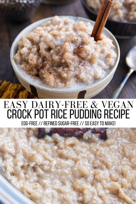 crock pot rice pudding Dairy Free Rice Recipes, Healthy Rice Pudding Recipe, Crock Pot Rice Pudding, Rice Pudding Vegan, Crock Pot Vegan, Crockpot Rice Pudding, Dairy Free Rice Pudding, Crock Pot Rice, Slow Cooker Rice Pudding