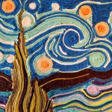 Starry Night Yarn Art, Weird Art Projects, Yarn Art On Paper, Art Projects College, High School Fiber Art Projects, Yarn Art On Canvas Diy, Yarn Painting Ideas, Yarn Painting Art Ideas, Yarn Canvas Art