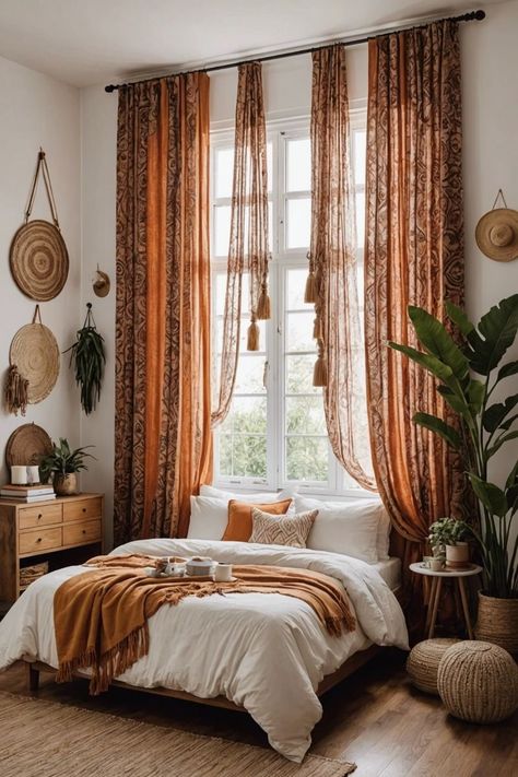 Bohemian Bedroom Curtains, Arizona Themed Bedroom, Tan Boho Bedroom, Boho Curtains Bedroom Bohemian Style, Clean Boho Bedroom, Maximize Small Bedroom, Boho Curtain Ideas, Boho Curtains Bedroom, Ethnic Interior Design