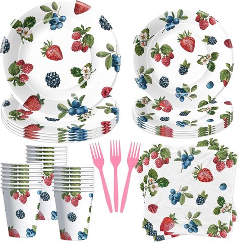 Amazon.com: YJRJSC Berry Party Decorations Tableware - Blueberry Strawberry Birthday Party Supplies, Paper Plate, Cup, Napkin, Fork, Berry Sweet Birthday Baby Shower Table Decorations Dinnerware | Serve 24 : Toys & Games Berry First Birthday Party Food Table, Blueberry Baby Shower Decor, A Berry Sweet Baby Is On The Way Decor, Berry Centerpieces, Berry Themed Baby Shower Ideas, Berry First Birthday Party Decor, Berry Baby Shower Theme, Berry Themed Party, Berry Baby Shower Ideas