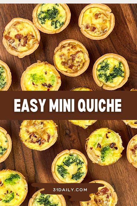 Homemade Mini Quiche is so incredibly easy to make, you'll find yourself skipping the freezer section of your market. Delicious party food, teatime snack (or coffee break too), this recipe shows you how simple it is to make 3 different mini quiche varieties in one mini muffin tin. Easy Mini Egg Quiches, Mini Cheese Quiche, Quiche Muffin Tin, Egg Kiesh Recipes Muffin, Quiche Party Ideas, Mini Quiches In Muffin Tin Vegetarian, Mini Quiches In Muffin Tin Gluten Free, Freezer Mini Quiche, Mini Muffin Quiche Recipes