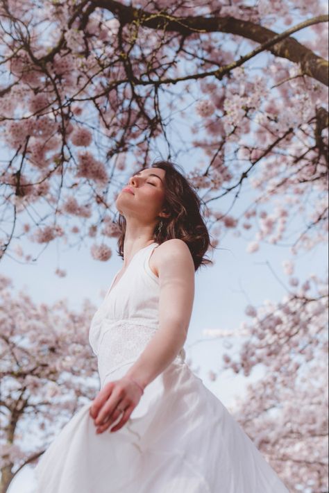 Poses With Cherry Blossoms, Spring Blossom Photoshoot, Cherry Blossom Portrait Photography, Cherry Blossom Shoot, Cherry Blossom Senior Pictures, Cherry Blossom Photo Ideas, Peach Blossom Photoshoot, Cherry Blossoms Photoshoot, Cherry Blossom Poses