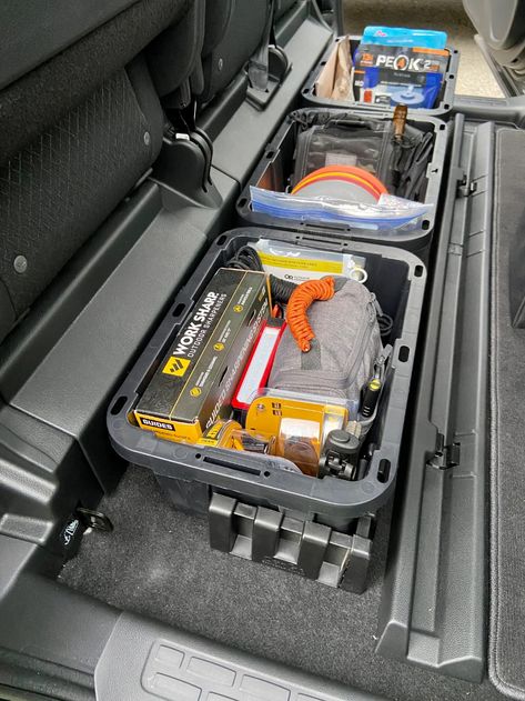 Truck Underseat Storage, Honda Ridgeline Overland, Back Seat Tool Storage Truck, Honda Ridgeline Camping, Ratchet Strap Storage Ideas, Honda Odyssey Organization, Truck Organization Ideas, Honda Ridgeline Accessories, Ridgeline Honda