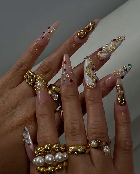 Classy Acrylic Nails, Unique Acrylic Nails, Nail Swag, Gem Nails, Nail Jewelry, Fire Nails, Funky Nails, Pretty Acrylic Nails, Chic Nails