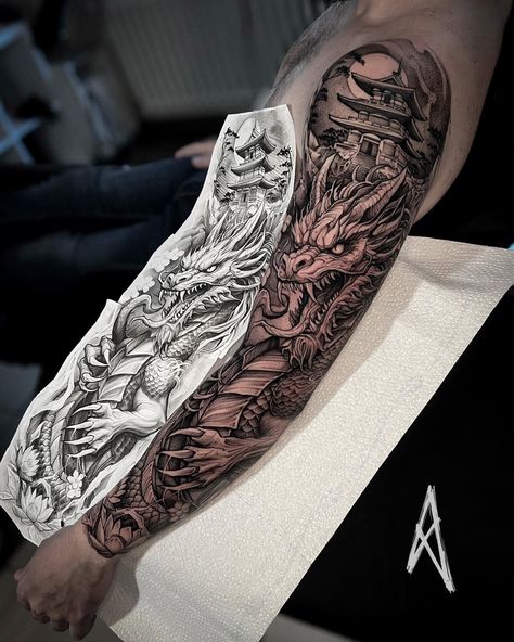 Samurai Tattoo Sleeve, Japanese Tattoos For Men, Dragon Tattoo Ideas, Dragon Tattoos For Men, Inner Bicep Tattoo, Dragon Sleeve, Last Kingdom, Small Forearm Tattoos, Dragon Sleeve Tattoos