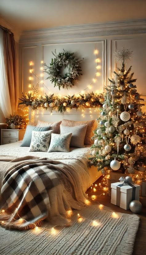 17 Super Cute Christmas Decor Ideas For Your Bedroom Guest Bedroom Christmas, Winter Wonderland Bedroom, Bedroom Christmas Tree, Wonderland Bedroom, Cozy Christmas Bedroom, Christmas Setup, Christmas Bedroom Decor Ideas, Christmas Bedroom Ideas, Affordable Christmas Decorations