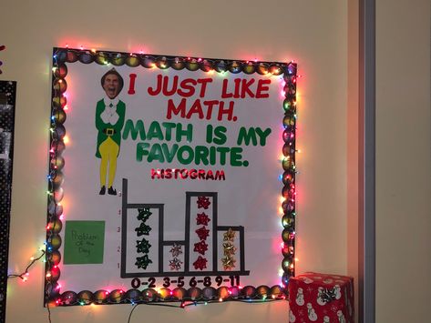 An “Elf” movie, math themed bulletin board. Elf Surveillance Bulletin Board, Buddy The Elf Bulletin Board, Elf Bulletin Board, Movie Bulletin Boards, Owl Room, Bulletin Ideas, Holiday Bulletin Boards, Elf Movie, Christmas Math