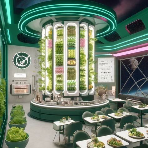 iFarm Cafe in Space 🚀 We asked AI to create a vision of the iFarm space cafe because there are no limits to our plans 🫢. We don’t know when it could be opened, but we like the concept 🧑‍🚀👩‍🚀 Will you come to the opening?☕️ #iFarmCafe, #SpaceCafe, #FutureConcept, #Innovation, #AI, #NoLimits, #Visionary, #SpaceTravel, #AstronautLife, #CulinaryInnovation Future Restaurant Technology, Futuristic Kitchen Concept Art, Fantasy Cafe Interior, Futuristic Grocery Store, Green Space Architecture, Futuristic Cafe, Hydroponic Gardening System, Cafe Plan, Farming Technology