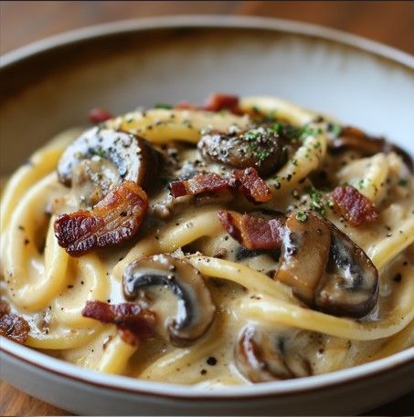 Creamy Bacon and Mushroom Pasta – Naomi's Recipes Pasta With Bacon And Mushrooms, Mushroom And Bacon Recipes, Bacon And Pasta Recipes, Creamy Mushroom Pasta Recipes, Chanterelle Pasta, Mushroom Bacon Pasta, Mushroom And Pasta, Ham And Mushroom Pasta, Bacon And Mushroom Pasta