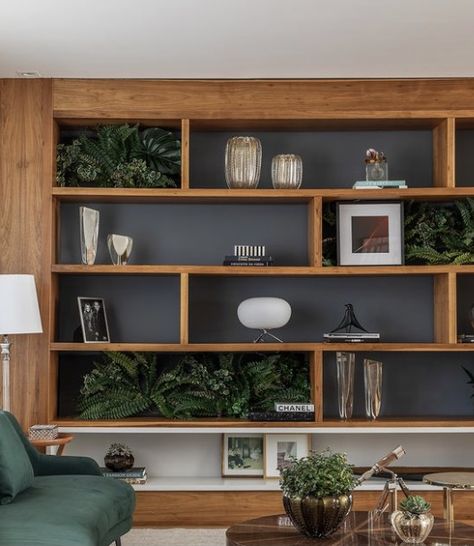 Bookcase Living Room Modern, White And Wood Bookshelves, Built In Shelves Living Room Natural Wood, Wood Panel Wall With Shelves, Midcentury Modern Built In Shelves, Wooden Shelving Living Room, Wood Bookcases In Living Room, Mid Century Modern Built Ins Bookshelves, Living Room Display Shelves