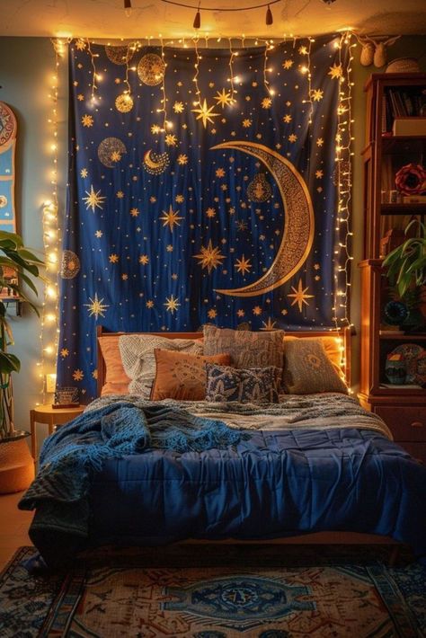 Starry Sky Room, 90s Celestial Bedroom, Celestial Boho Bedroom, Bedroom Inspirations Bright, Starry Room Aesthetic, Night Sky Decorations, Themed Rooms For Adults, Night Room Aesthetic, Curtain Lights Ideas