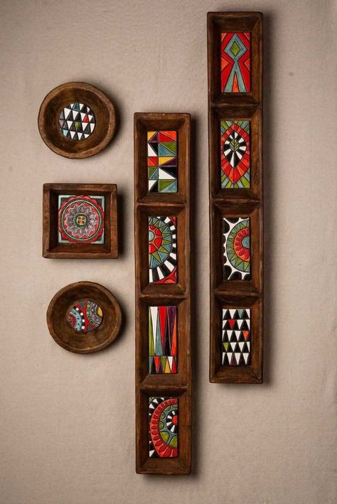 These Asymmetrical Painting Ideas, Decorative Tiles Wall, Wood Wall Hanging Decor, Arts And Crafts Design Style, Wood And Clay Art, Asymmetrical Wall Decor, Tiles Decoration Ideas, Framed Tile Wall Art, Tile Pictures Wall Art