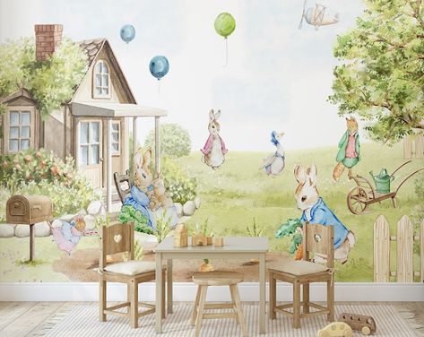 Peter Rabbit Bunny Classic Animation Nursery Wall Decal - Etsy UK Peter Rabbit Room, Peter Rabbit Wallpaper, Wallpaper Rabbit, Nursery Wallpaper Boy, Library Mural, Rabbit Room, Nursery Theme Ideas, Peter Rabbit Theme, Beatrix Potter Nursery