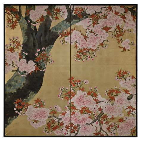 Early 20th Century Japanese Cherry Blossom Screen by Kano Sanrakuki For Sale at 1stDibs Japanese Backdrop, Complex Composition, Types Of Cherries, Japanese Snow, Portraiture Artist, Japanese Screen, Fig Trees, Cherry Blossom Art, Screen Color