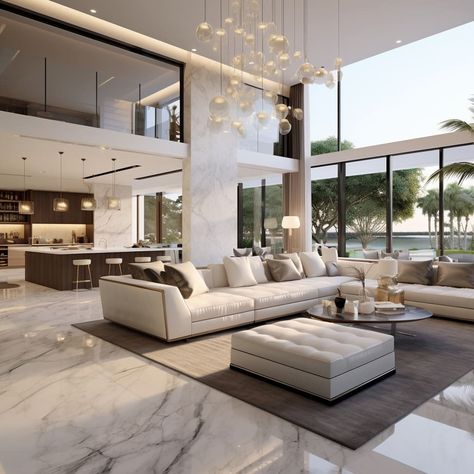 The living room’s white marble floor and white walls give it a pristine, luxurious appearance. Minimalist Interior Design Living Room, Contemporary Luxury Interior, Mansion Living Room, Modern Luxury Living Room, Ideas Decoracion, Sunken Living Room, Sala Grande, Minimalist Interior Design, Design Living Room