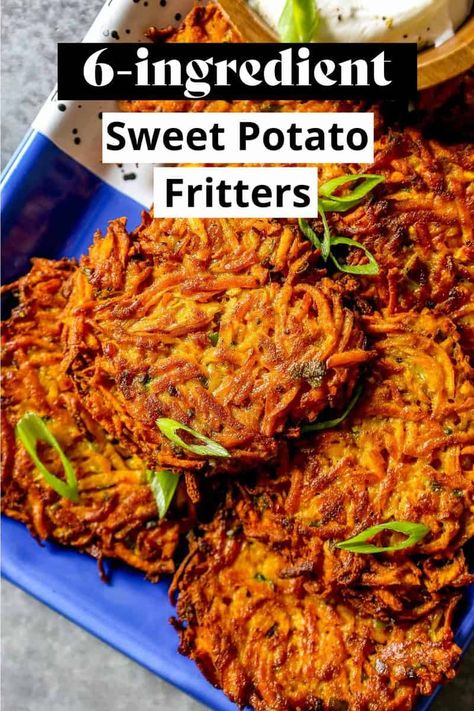 Sweet Potato Fritters Sweet Potato Fritters Recipe, Leftover Sweet Potato Recipes, Easy Sweet Potato Recipe, Potato Fritters Recipe, Easy Sweet Potato Recipes, Sweet Potato Patties, Dump Recipes, Sweet Potato Fritters, Sweet Potato Hummus