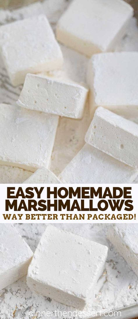 Homemade Marshmallows made from gelatin, sugar, corn syrup, and vanilla extract are sweet, fluffy, and incredibly EASY to make! #easy #vanilla #marshmallows #best #howtomake #diy #dessert #dinnerthendessert Homemade Marshmallow Recipe, Marshmallow Recipes, Marshmallow Recipe, Homemade Marshmallow, Recipes With Marshmallows, Homemade Marshmallows, Homemade Candies, Köstliche Desserts, Candy Recipes