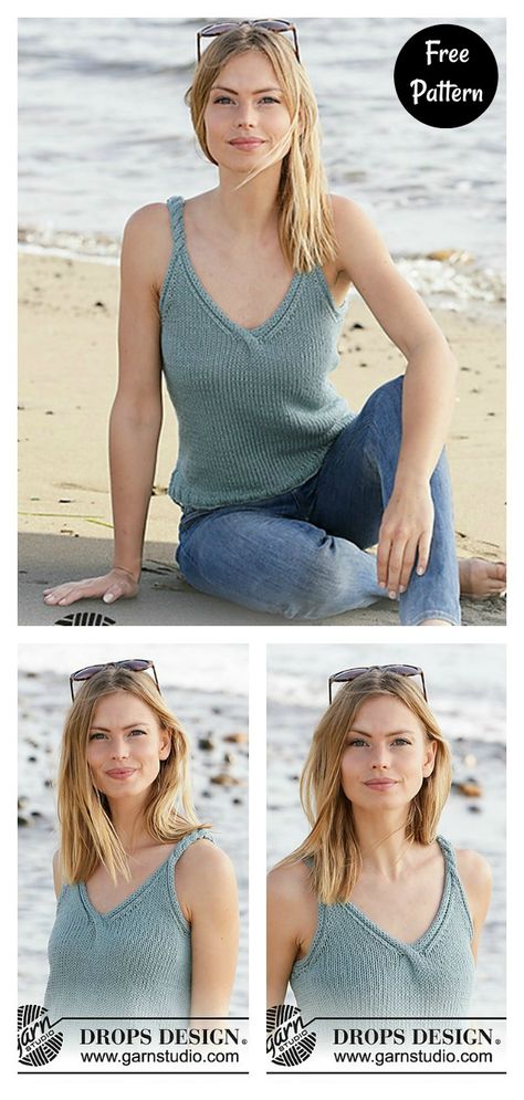 Cables and V-neck Tank Top Free Knitting Pattern #freeknittingpattern #knittingpattern #summertopfreepattern Knitted Tank Top Pattern Free, Knit Tank Top Pattern, Summer Knitting Patterns, Knit Top Patterns, Knit Summer, Knitting Patterns Free Sweater, Tank Top Pattern, Summer Tank Top, Sailor Pants