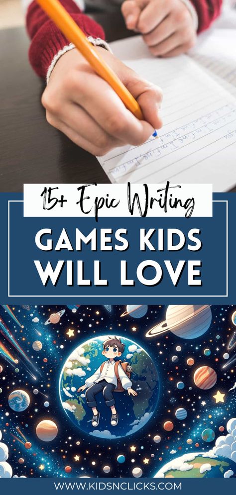 Click through to the blog for 15+ epic writing games kids will love! Writing games make practicing writing feel fun rather than like a chore! These prompts and games will motivate even kids who don't enjoy writing! These games will teach you how to make kids love writing. Everything you need to know is inside! Language Activities For School Age, Summer Writing Activities For Kids, Ela Activities Elementary, Creative Writing Games, Fun Writing Activities For Kids, Homeschool Handwriting, Power Writing, Dream Teacher, Writing Games For Kids