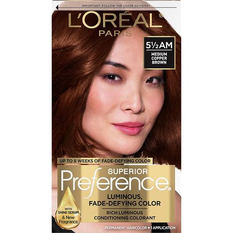 chocolate copper hair L'Oreal Paris Superior Preference Fade-Defying + Shine Permanent Hair Color, 5.5AM Medium Copper Brown, Pack of 1, Hair Dye Medium Copper Brown, Copper Hair Dye, Camelina Oil, Copper Brown Hair Color, Copper Brown Hair, Loreal Hair Color, Pink Hair Dye, Honey Brown Hair, At Home Hair Color