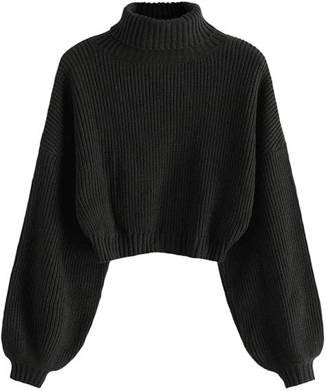 ZAFUL Women's High Neck Lantern Sleeve Ribbed Knit Pullover Crop Sweater Jumper at Amazon Women’s Clothing store Cropped Black Sweater Outfit, Black Sweater Women, Black High Neck Outfit, Black Winter Pants, Sweater Designs For Women, Black High Neck Sweater, Black High Neck Top, Black Knitted Sweater, Crop Sweaters