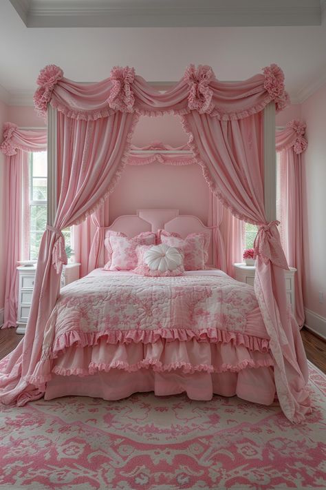 29 Girls Bed With Canopy Ideas for a Princess Vibe - My Elegant Home Girly Pink Bedroom, Pink Bedroom Walls, Princess Bedrooms, Pink Bedroom For Girls, Dream Bedroom Inspiration, Chic Bedrooms, Pink Bedroom Decor, Cute Rooms, Pink Bedrooms