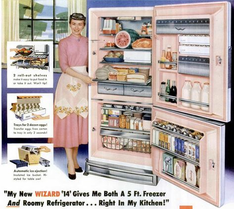 How to be a perfect '50s housewife: Love your refrigerator! at Click Americana - #fifties #retro #vintagekitchen #refrigerators #fridge #retro #clickamericana Cookbook Kitchen, Pink Refrigerator, Pink Fridge, Roll Out Shelves, Farmhouse Kitchen Vintage, Stepford Wives, 50s Housewife, Kitchen Printables, Vintage Refrigerator