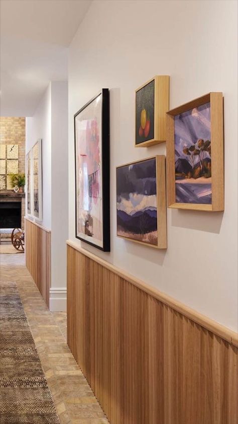 Beautiful fluted timber panelling adds warmth and tactility to this hallway from Scott Cam on The Block.
#theblockshop #interiordesign #hallwayideas #portacontours Hallway With Wood Panelling, Half Room Panelling, Wood Wall Hallway, Half Paneled Walls Hallway, Wood Panelling Hallway, Wood Panelling Ideas, Half Fluted Wall, Low Wall Panelling, Fluted Half Wall