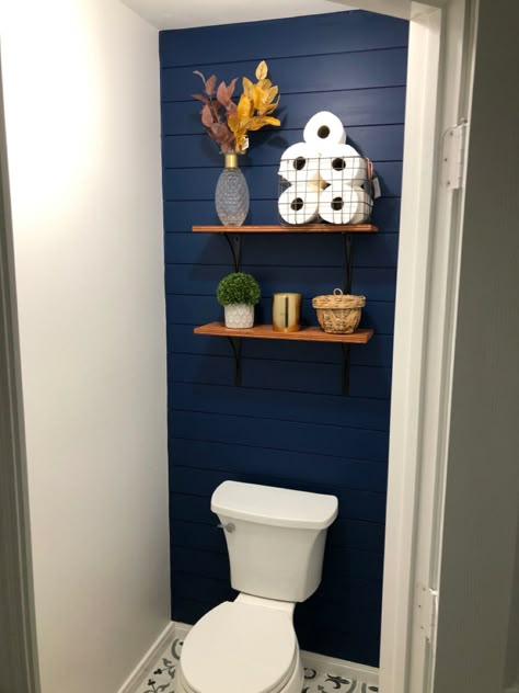 Small Toilet Feature Wall, Navy Wall Bathroom Ideas, Navy Blue Shiplap Wall Bedroom, Navy And White Half Bath, Small Bathroom Navy Walls, Navy Blue Water Closet, Behind Toilet Accent Wall Paint, Half Bathroom Accent Wall Paint, Navy Blue Shiplap Wall Bathroom