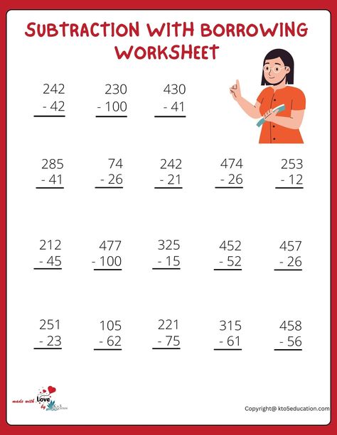 Subtraction With Borrowing Printable Worksheet | FREE Borrowing Subtraction Worksheet, Borrowing Subtraction, Single Digit Subtraction, Subtraction With Borrowing, Kindergarten Subtraction, Regrouping Subtraction, Integers Worksheet, Worksheet Kindergarten, Worksheet Preschool