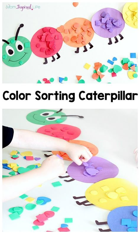 Shape and color sorting caterpillar. A fun spring activity for toddlers and preschoolers! Spring Activity, Activity For Toddlers, Preschool Colors, Jan Van Eyck, Spring Preschool, Daycare Crafts, The Very Hungry Caterpillar, Tot School, Color Sorting