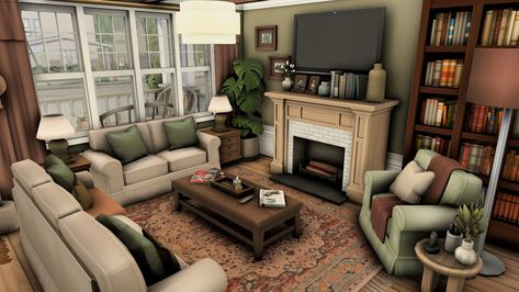 Bloxburg House Ideas Aesthetic Interior, Bloxburg Country House Interior, Fall Living Room Decor Bloxburg, Bloxburg Living Room Ideas Dark Academia, Bloxburg Autumn House Realistic, Bloxburg Living Room Vintage, Farmhouse Living Room Sims 4, Sims 4 Modern Farmhouse Interior, Sims 4 Living Room Ideas Cottage