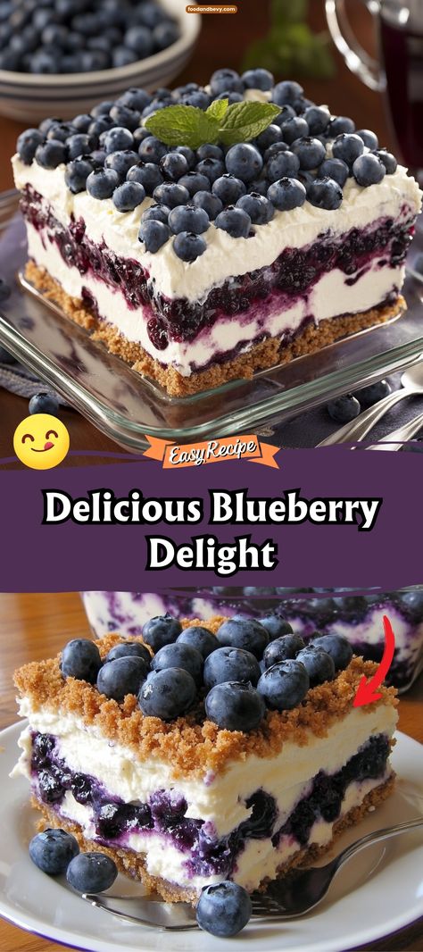 Blueberry Delight offers a refreshing layer of sweet cream cheese, juicy blueberries, and a buttery graham cracker crust. This chilled dessert is as delightful to look at as it is to eat, making it a perfect addition to any summertime gathering or a sweet end to a meal. #BlueberryDelight #SummerDessert #BerryGood Blueberry Congealed Salad Cream Cheeses, Blueberry Whipped Cream Dessert, Easy Desserts With Blueberries, Recipe For Blueberries, Blueberry Delight Recipe Graham Crackers, Light Blueberry Desserts, Desserts With Fresh Blueberries, Blueberry Filling Desserts, Blueberry Pretzel Dessert