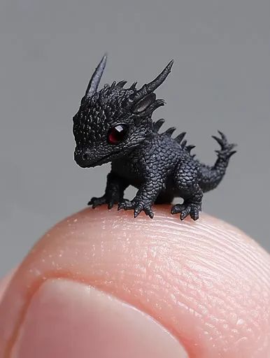 ↑↑↑ Larger size on website 🔸 A tiny, black, dragon-like figurine with red eyes is perched atop a human finger. It has intricate s Miniature Nature, Dragon Perched, Human Finger, Tiny Dragon, Baby Dragon, Small Baby, Red Eyes, Scales, Drake