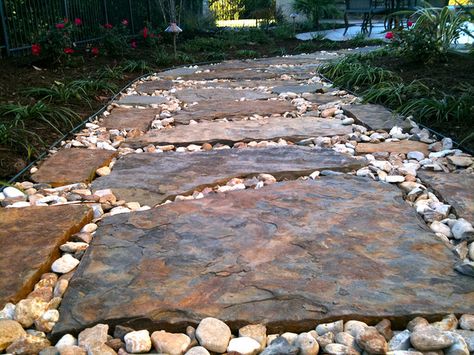 Landscaping Design Ideas Around a Pool by Landscaping Austin, via Flickr Flagstone Patio Design, Landscaping Around Pool, Flagstone Pathway, Stone Walkways, Garden Walkways, Stone Patios, Pool Landscaping Ideas, Pathway Landscaping, Above Ground Pool Landscaping