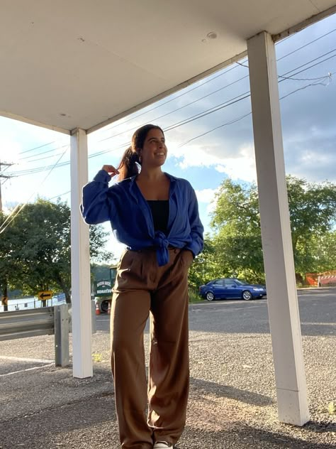 Tan Pants Blue Top Outfit, Tan Button Up Outfit, Silk Brown Pants Outfit, Royal Blue Button Down Shirt Outfit, Dark Brown And Blue Outfit, Royal Blue And Brown Outfit, Brown Pants Blue Top, Coffee Pants Outfits, Blue And Brown Outfit Aesthetic