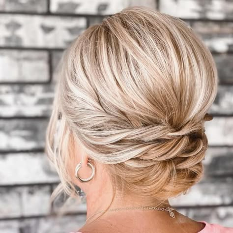 Twisted Bouffant Updo for Short Hair Mother Of Bride Hair Half Up Half Down, Updos For Wedding Mother Of The Bride, Wedding Styles For Short Hair Bobs, Shirt Wedding Hair, Upstyle For Short Hair, Short Hair Updo With Braid, Short Bridesmaid Hair Updo, Wedding Short Hair Updo, Medium Bob Updo Hairstyles