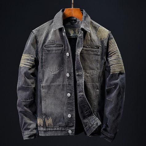 Fashion Men's Simple Retro Distressed Denim Coat Jackets Denim Jacket For Men, Embroidery Coat, Retro Motorcycle, Simple Retro, Heavy Industry, Men Spring, Men's Jackets, Vintage Denim Jacket, Letter Embroidery